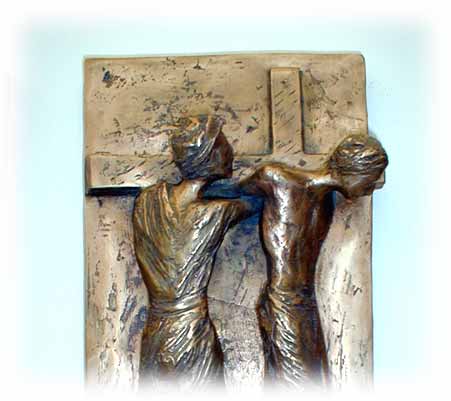 Der Kreuzweg: Simon von Zyrene hilft Jesus das Kreuz tragen